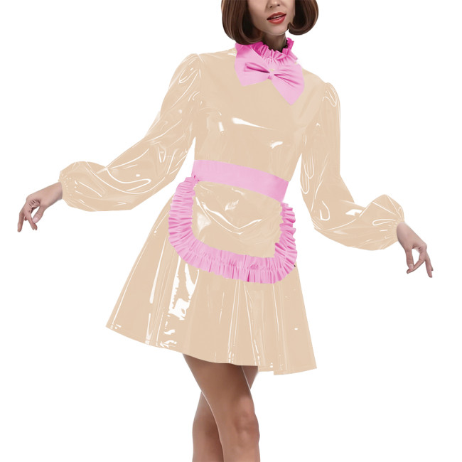 Lolita Puff Long Sleeves Maid Uniforms Halloween Theme Party Cosplay Costume Lockable PVC Leather Bow Pleated Dress with Apron