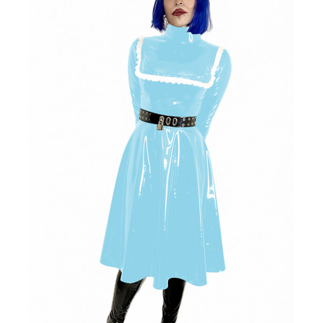 High Neck Midi Dress Woman Pleated Long Sleeves PVC Shiny A-line Dress Elegant Party Dresses Wetlook Formal Gowns Streetwear