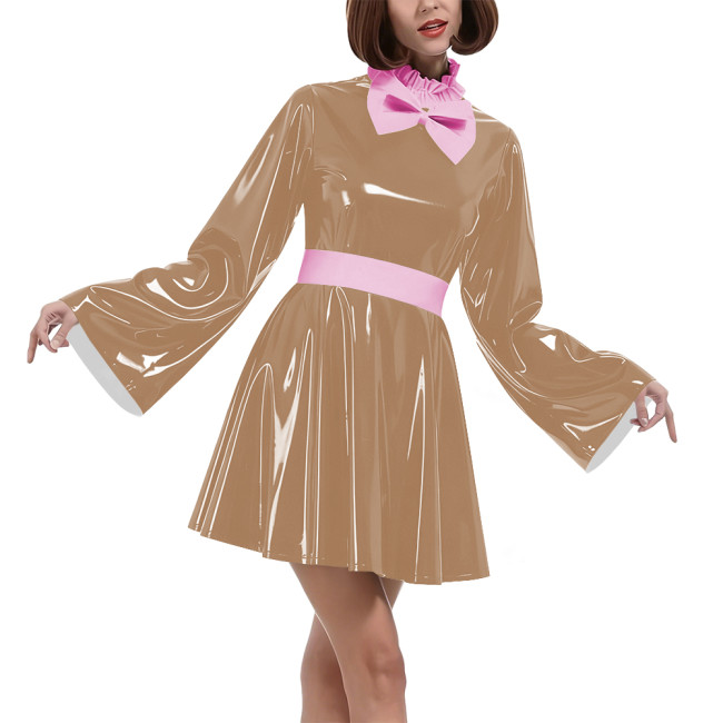 Lockable Vinyl PVC Maid Outfits Womens Flared Sleeves Ruffles Collar A-line Dress with Belt Carnival Cosplay Clubwear Costume