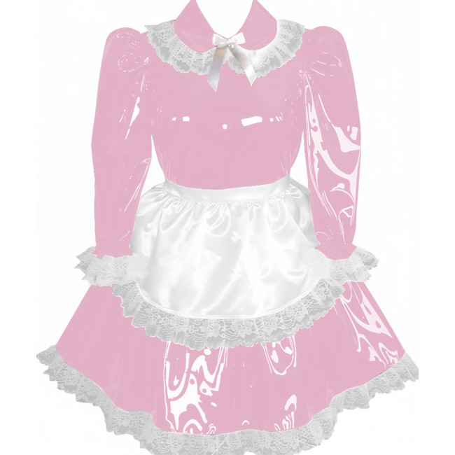 Lockable Pleated Maid Cosplay Dress with Apron Adult Wet Look PVC Leather A-line Maid Dress Party Carnival Maid Role Play Dress