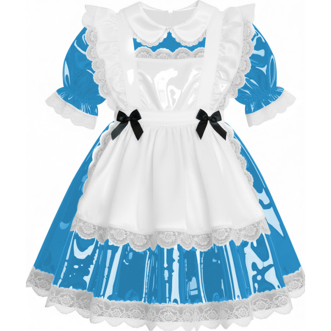 Sweet French Maid Servant Cosplay Dress Lockable Puff Short Sleeve Lace Trim PVC A-line Maid Dress for Halloween Carnival Party