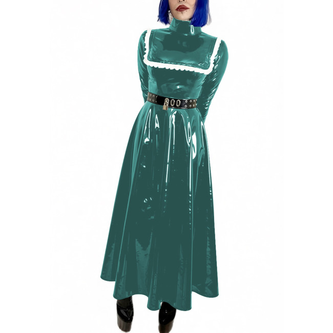 Lockable Wet Look Women Evening Dress Gowns Stand Collar Long Sleeve Vinyl PVC Leather Maxi Dresses Cocktail Party Pleated Dress