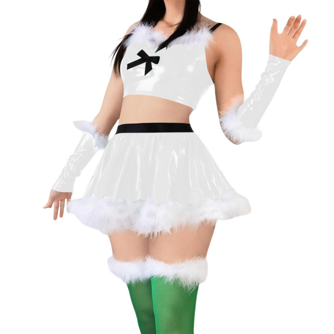 Women Cute Sweet Santa Dress Outfits PVC Shiny Sling Crop Tops Mini Pleated Skirt with Gloves Christmas Suit for Cosplay Night