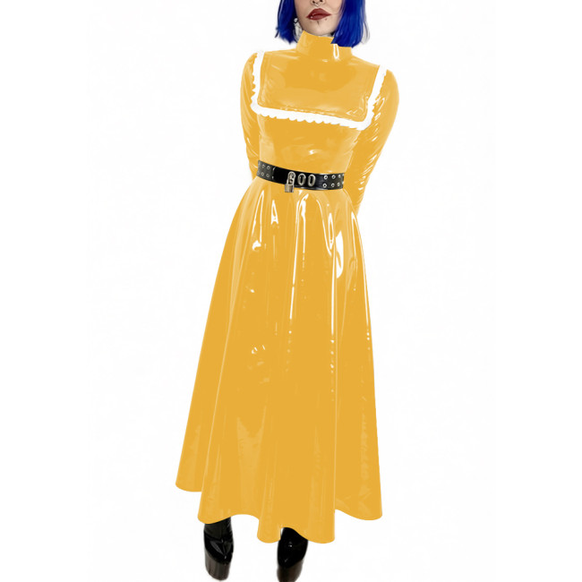 Lockable Wet Look Women Evening Dress Gowns Stand Collar Long Sleeve Vinyl PVC Leather Maxi Dresses Cocktail Party Pleated Dress