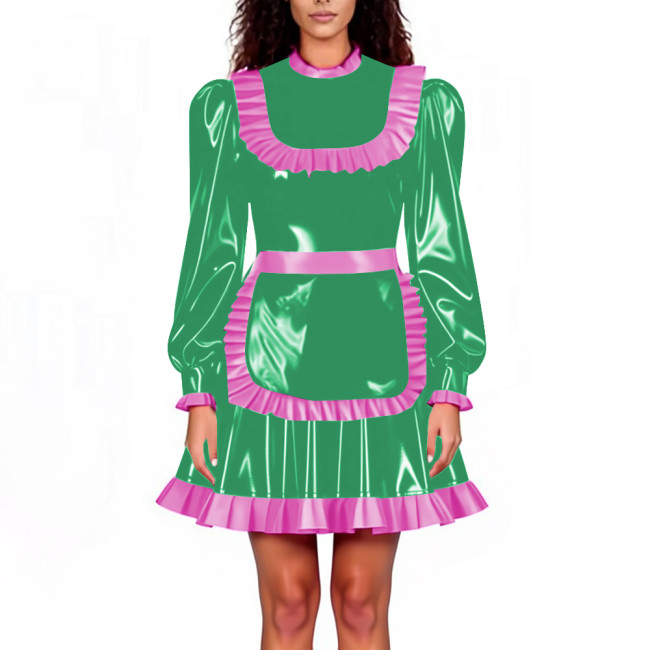 Lockable Maid Servant PVC Shiny Dress Outfits Adult Cosplay Ruffles Hem Apron Pleated A-line Dresses Halloween Party Clubwear