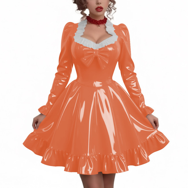 Women Sweetheart Neck Long Sleeve Party Dresses Chic Princess Ruffles Hem Pleated Short Dress Shiny PVC Leather Club Porm Dress