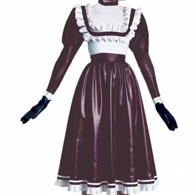 Puff Long Sleeve Ruffles Patchwork Long Dress Matte PU Leather Preppy Style Pleated Dress Crossdresser Vestido Women's Clothing