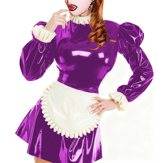 Sissy Servants Maid Mini Dress with Lock Ruffles Collar Long Sleeve PVC Glossy Leather A-Line Maid Dresses Party Cosplay Outfits