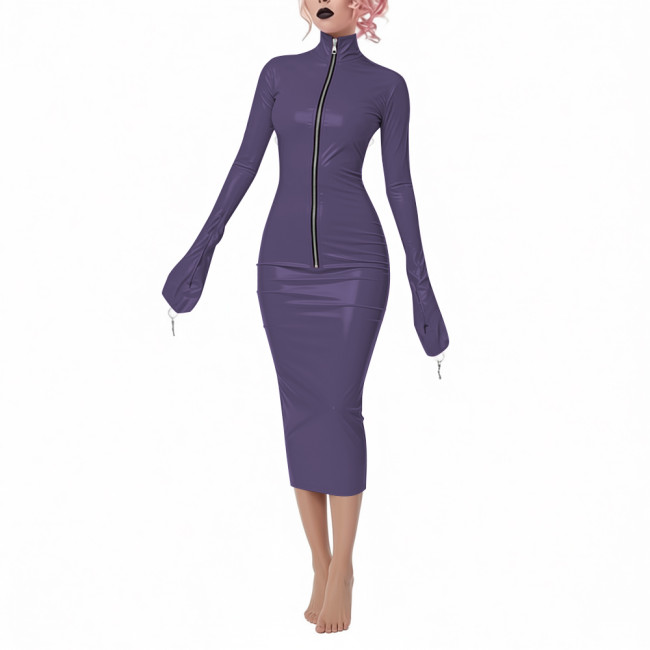 Fetish Novelty Full Long Sleeve Bodycon Midi Dress Party Club Sheath Wetlook Dress Zipper Front Women PVC Shiny Elegant Dresses