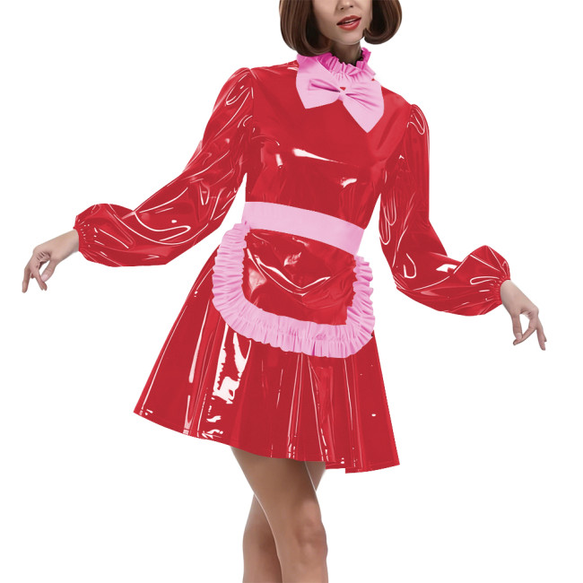 Lolita Puff Long Sleeves Maid Uniforms Halloween Theme Party Cosplay Costume Lockable PVC Leather Bow Pleated Dress with Apron
