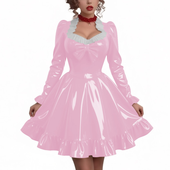 Women Sweetheart Neck Long Sleeve Party Dresses Chic Princess Ruffles Hem Pleated Short Dress Shiny PVC Leather Club Porm Dress
