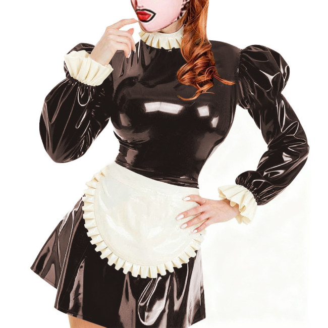 Sissy Servants Maid Mini Dress with Lock Ruffles Collar Long Sleeve PVC Glossy Leather A-Line Maid Dresses Party Cosplay Outfits