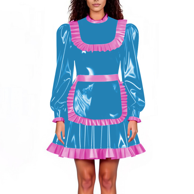 Lockable Maid Servant PVC Shiny Dress Outfits Adult Cosplay Ruffles Hem Apron Pleated A-line Dresses Halloween Party Clubwear