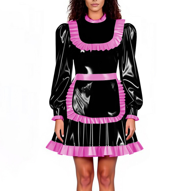 Lockable Maid Servant PVC Shiny Dress Outfits Adult Cosplay Ruffles Hem Apron Pleated A-line Dresses Halloween Party Clubwear