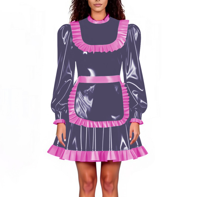 Lockable Maid Servant PVC Shiny Dress Outfits Adult Cosplay Ruffles Hem Apron Pleated A-line Dresses Halloween Party Clubwear