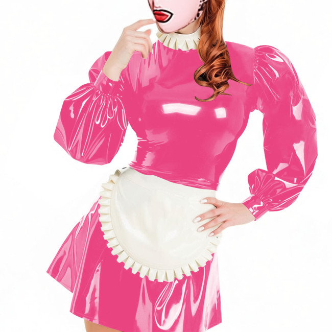 Party Lockable Maid Uniforms Puff Long Sleeves PVC Shiny Sexy Mini A-line Pleated Maid Dress with Apron Carnival Cosplay Costume