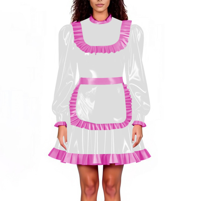 Lockable Maid Servant PVC Shiny Dress Outfits Adult Cosplay Ruffles Hem Apron Pleated A-line Dresses Halloween Party Clubwear