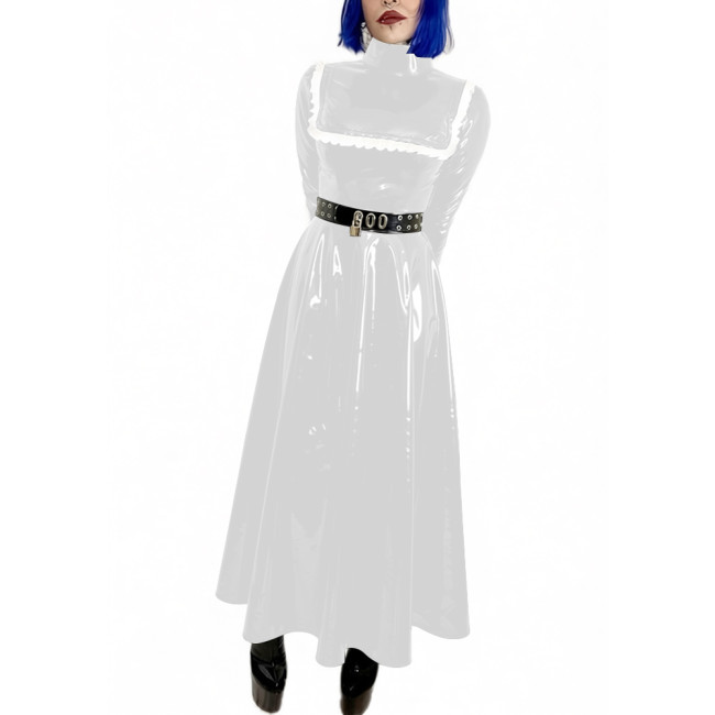 Lockable Wet Look Women Evening Dress Gowns Stand Collar Long Sleeve Vinyl PVC Leather Maxi Dresses Cocktail Party Pleated Dress