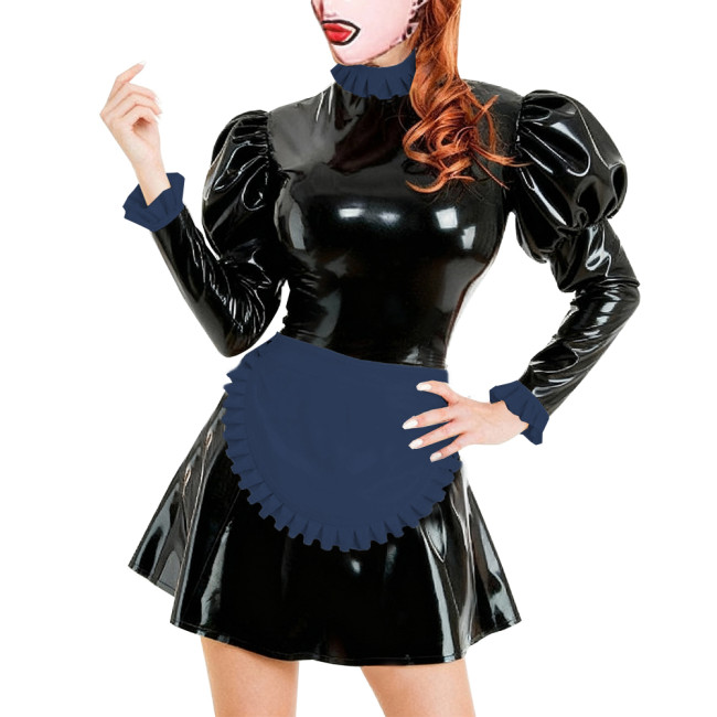 Lolita Adult Naughty Maid Uniform Glossy PVC Leather French Apron Maid Dress Ruffles Trim Puff Long Sleeve Dress Outfits Cosplay