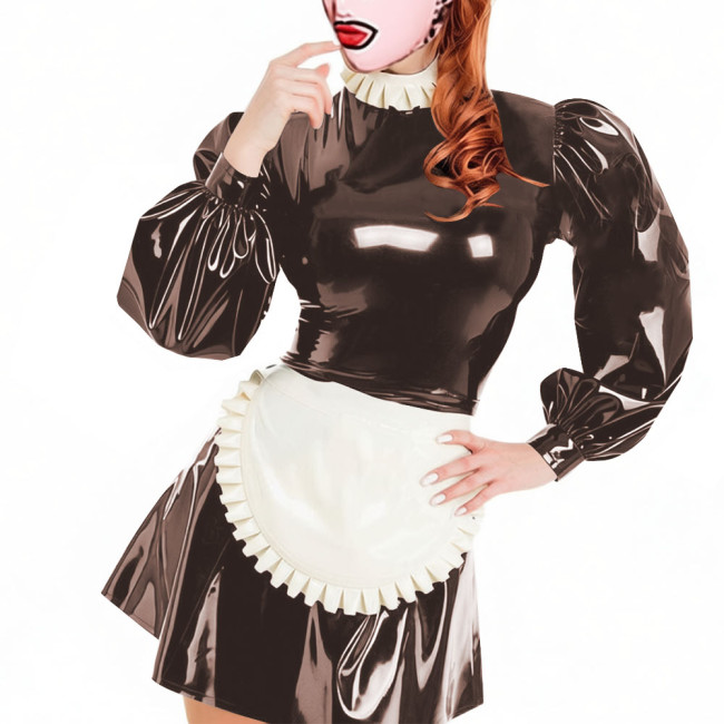 Party Lockable Maid Uniforms Puff Long Sleeves PVC Shiny Sexy Mini A-line Pleated Maid Dress with Apron Carnival Cosplay Costume