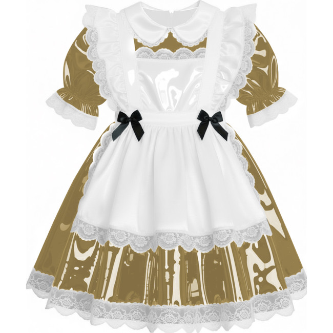 Sweet French Maid Servant Cosplay Dress Lockable Puff Short Sleeve Lace Trim PVC A-line Maid Dress for Halloween Carnival Party