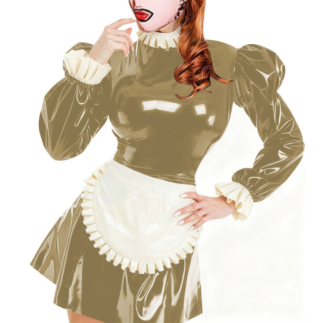 Sissy Servants Maid Mini Dress with Lock Ruffles Collar Long Sleeve PVC Glossy Leather A-Line Maid Dresses Party Cosplay Outfits