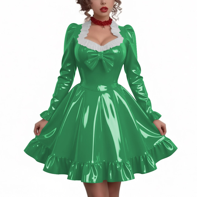 Women Sweetheart Neck Long Sleeve Party Dresses Chic Princess Ruffles Hem Pleated Short Dress Shiny PVC Leather Club Porm Dress