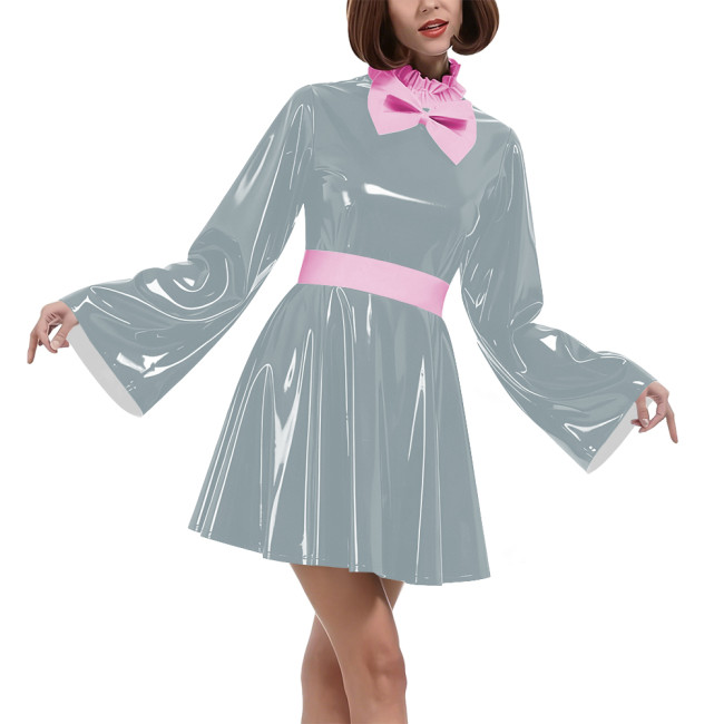 Lockable Vinyl PVC Maid Outfits Womens Flared Sleeves Ruffles Collar A-line Dress with Belt Carnival Cosplay Clubwear Costume