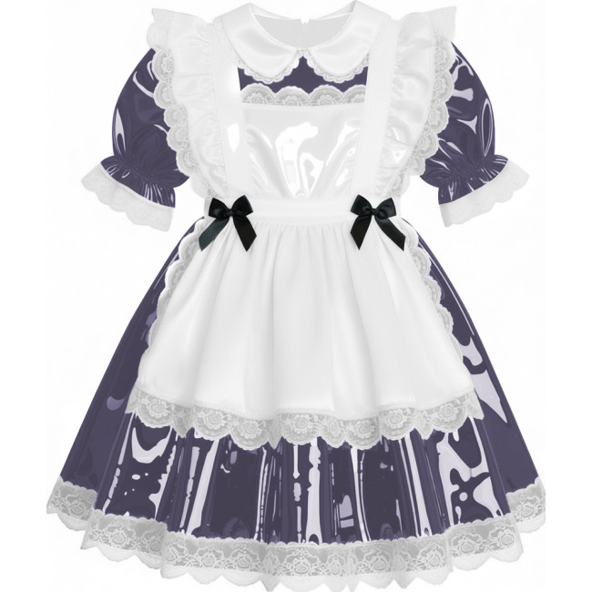 Sweet French Maid Servant Cosplay Dress Lockable Puff Short Sleeve Lace Trim PVC A-line Maid Dress for Halloween Carnival Party