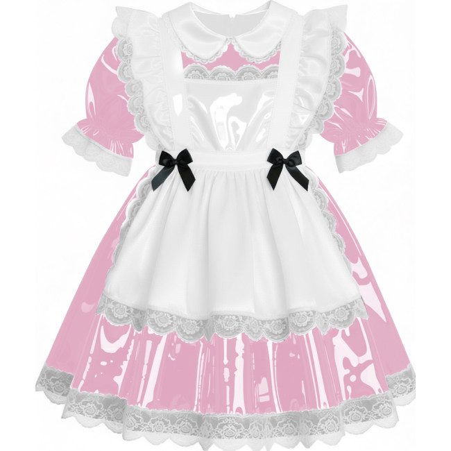 Sweet French Maid Servant Cosplay Dress Lockable Puff Short Sleeve Lace Trim PVC A-line Maid Dress for Halloween Carnival Party