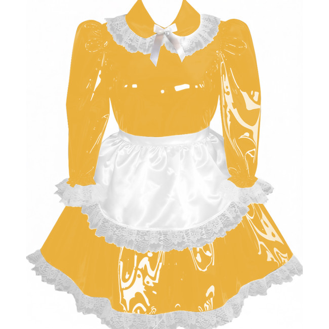 Lockable Pleated Maid Cosplay Dress with Apron Adult Wet Look PVC Leather A-line Maid Dress Party Carnival Maid Role Play Dress