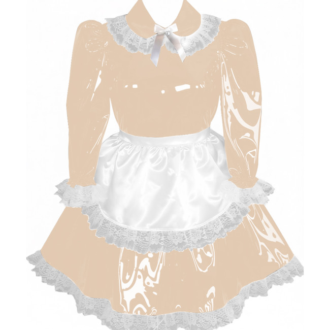 Lockable Pleated Maid Cosplay Dress with Apron Adult Wet Look PVC Leather A-line Maid Dress Party Carnival Maid Role Play Dress
