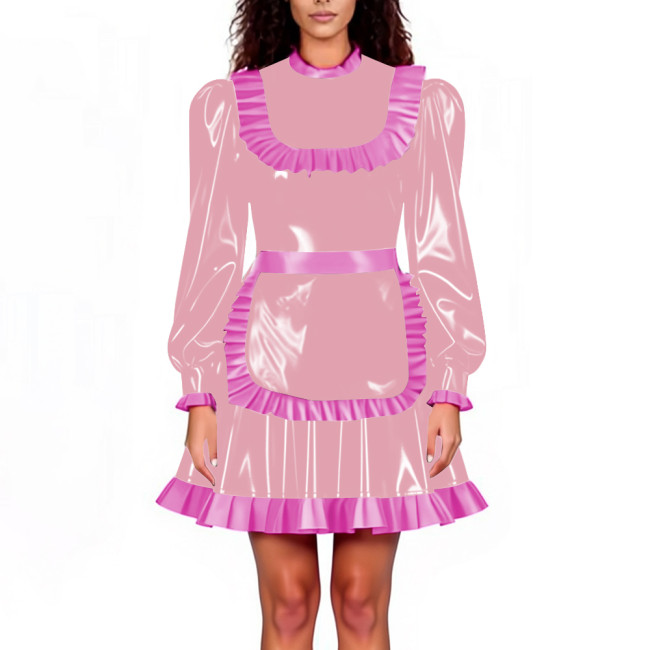 Lockable Maid Servant PVC Shiny Dress Outfits Adult Cosplay Ruffles Hem Apron Pleated A-line Dresses Halloween Party Clubwear