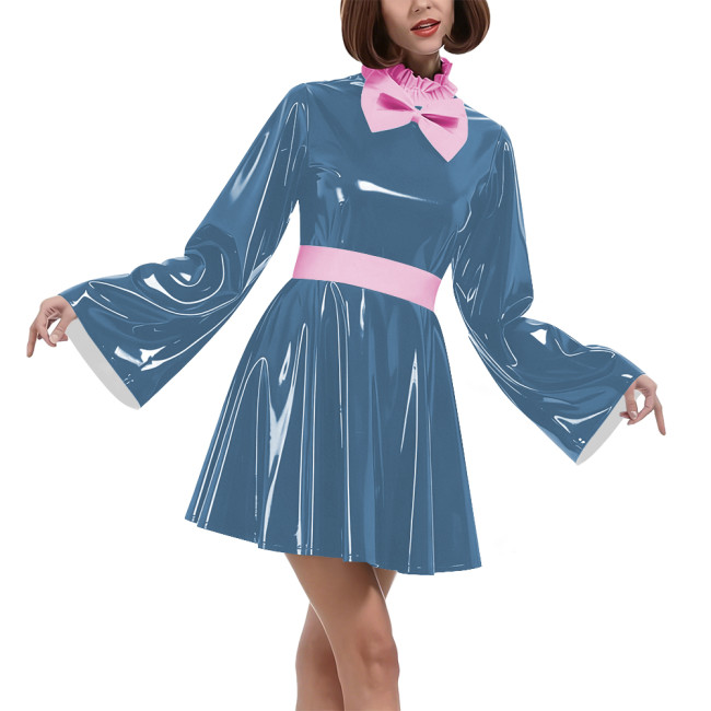 Lockable Vinyl PVC Maid Outfits Womens Flared Sleeves Ruffles Collar A-line Dress with Belt Carnival Cosplay Clubwear Costume