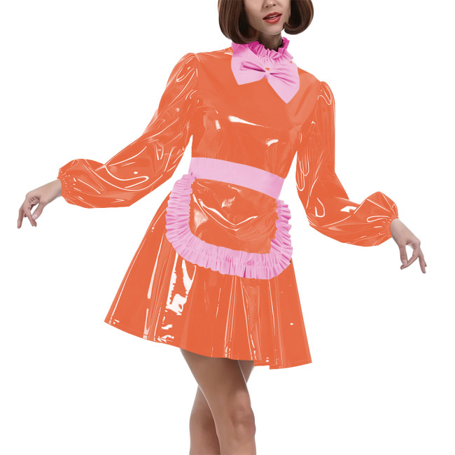 Lolita Puff Long Sleeves Maid Uniforms Halloween Theme Party Cosplay Costume Lockable PVC Leather Bow Pleated Dress with Apron