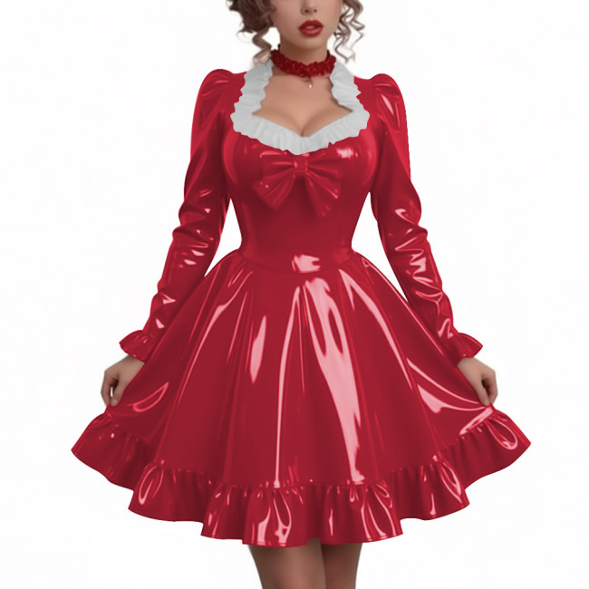 Women Sweetheart Neck Long Sleeve Party Dresses Chic Princess Ruffles Hem Pleated Short Dress Shiny PVC Leather Club Porm Dress