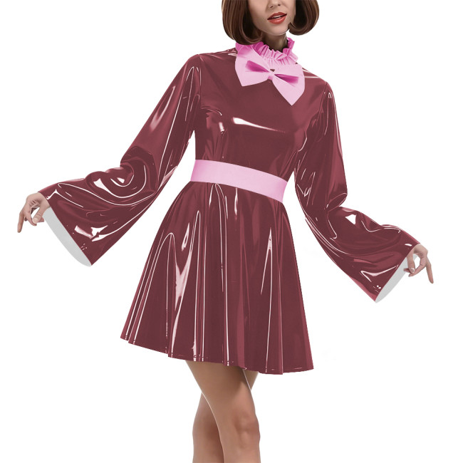 Lockable Vinyl PVC Maid Outfits Womens Flared Sleeves Ruffles Collar A-line Dress with Belt Carnival Cosplay Clubwear Costume