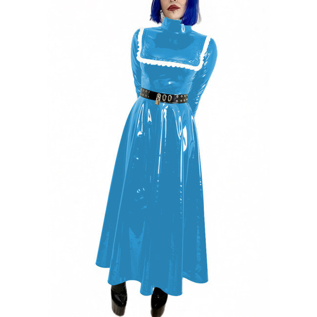 Lockable Wet Look Women Evening Dress Gowns Stand Collar Long Sleeve Vinyl PVC Leather Maxi Dresses Cocktail Party Pleated Dress