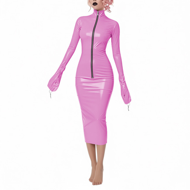 Fetish Novelty Full Long Sleeve Bodycon Midi Dress Party Club Sheath Wetlook Dress Zipper Front Women PVC Shiny Elegant Dresses