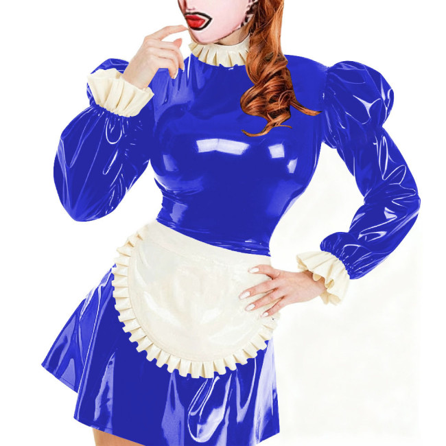 Sissy Servants Maid Mini Dress with Lock Ruffles Collar Long Sleeve PVC Glossy Leather A-Line Maid Dresses Party Cosplay Outfits