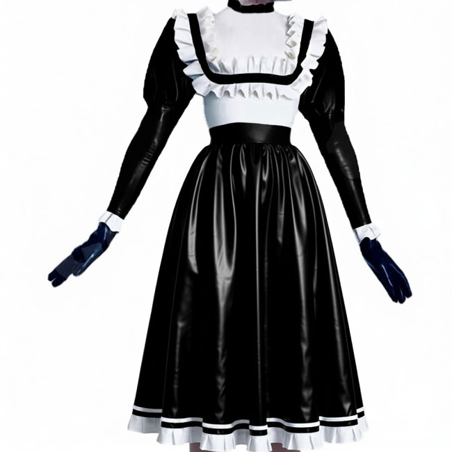 Puff Long Sleeve Ruffles Patchwork Long Dress Matte PU Leather Preppy Style Pleated Dress Crossdresser Vestido Women's Clothing