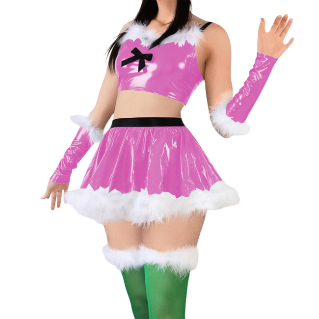 Women Cute Sweet Santa Dress Outfits PVC Shiny Sling Crop Tops Mini Pleated Skirt with Gloves Christmas Suit for Cosplay Night