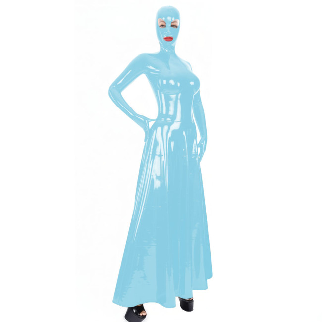 Ladies Sexy Exotic Hooded Long Dress Wetlook PVC Leather Full Sleeve Maxi Dress Halloween Theme Party Dress-up Cosplay Costume