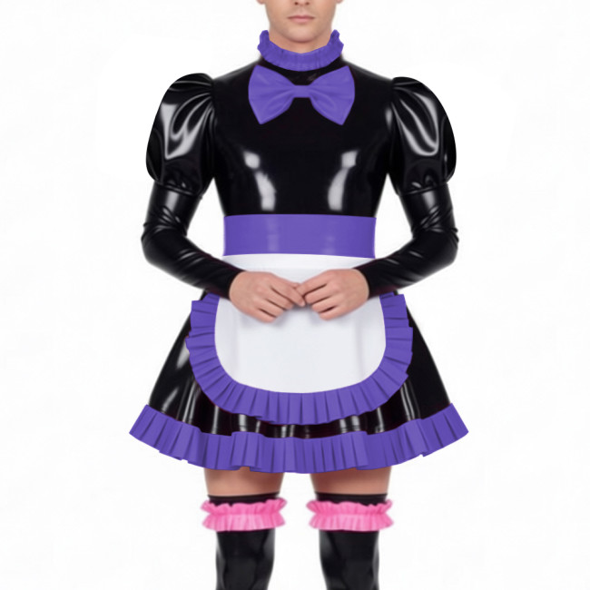 Mens Sissy Maid Dress Outfits High Neck Ruffles Trim Wetlook PVC Leather Mini Pleated Dress with Lock Crossdresser Maid Uniform