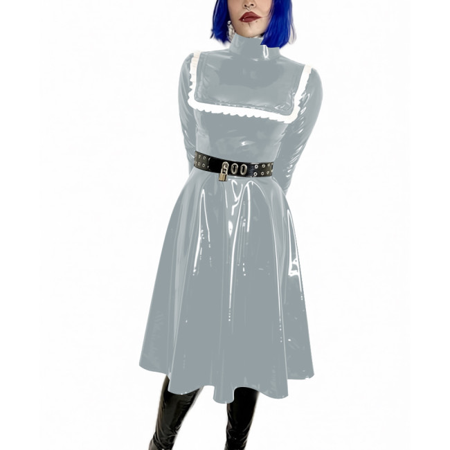 High Neck Midi Dress Woman Pleated Long Sleeves PVC Shiny A-line Dress Elegant Party Dresses Wetlook Formal Gowns Streetwear