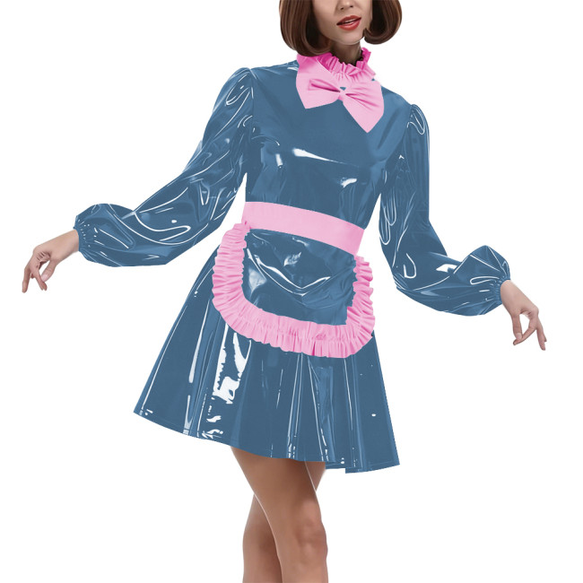 Lolita Puff Long Sleeves Maid Uniforms Halloween Theme Party Cosplay Costume Lockable PVC Leather Bow Pleated Dress with Apron
