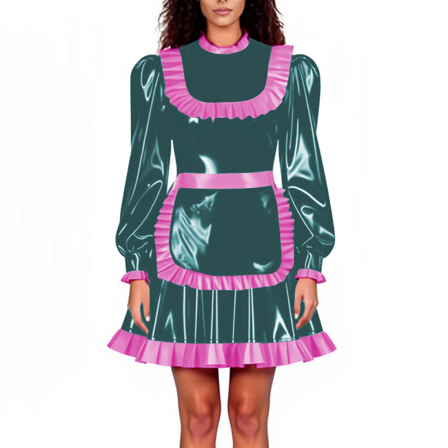 Lockable Maid Servant PVC Shiny Dress Outfits Adult Cosplay Ruffles Hem Apron Pleated A-line Dresses Halloween Party Clubwear