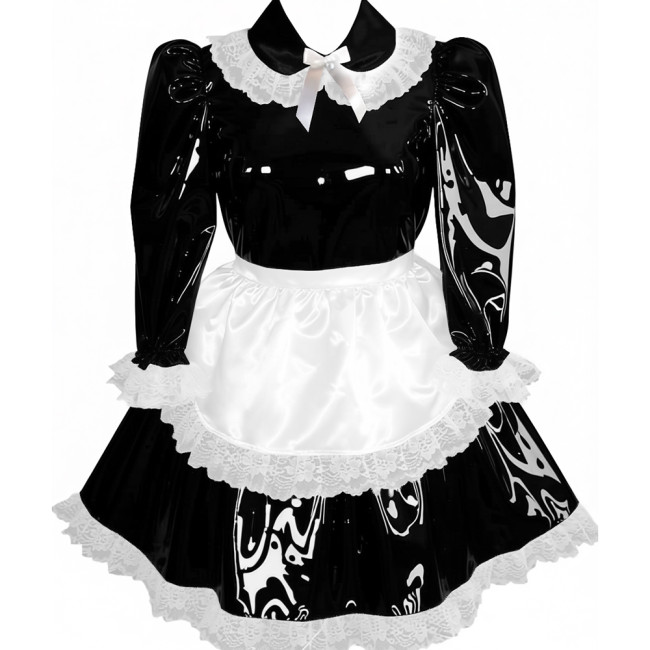 Lockable Pleated Maid Cosplay Dress with Apron Adult Wet Look PVC Leather A-line Maid Dress Party Carnival Maid Role Play Dress