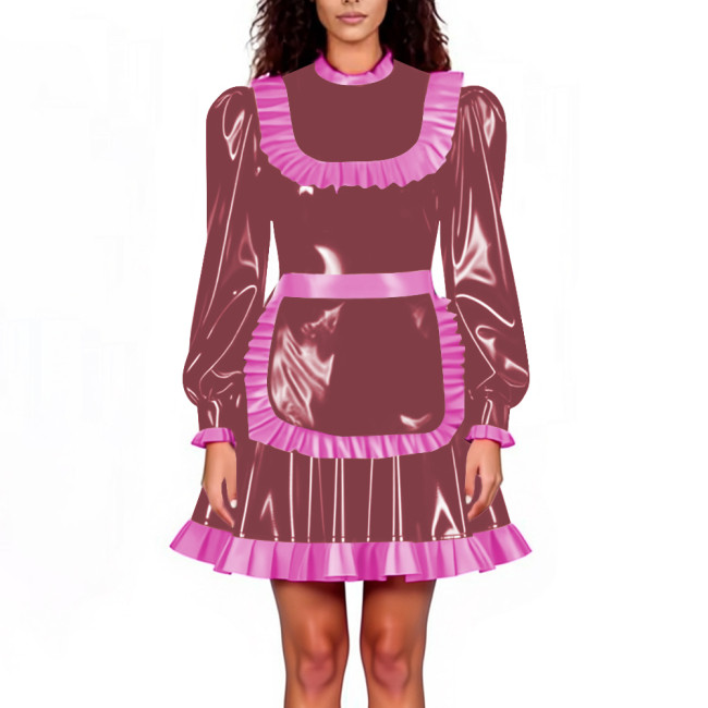 Lockable Maid Servant PVC Shiny Dress Outfits Adult Cosplay Ruffles Hem Apron Pleated A-line Dresses Halloween Party Clubwear