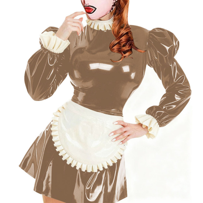 Sissy Servants Maid Mini Dress with Lock Ruffles Collar Long Sleeve PVC Glossy Leather A-Line Maid Dresses Party Cosplay Outfits
